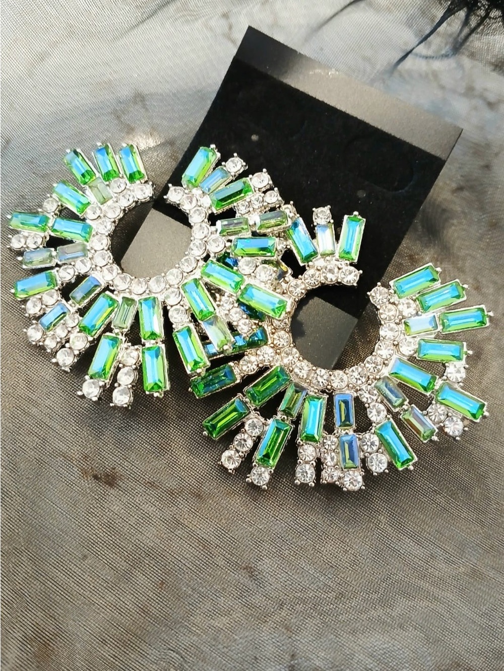Green Crystal Fan Hoop Earrings - Women Jewelry